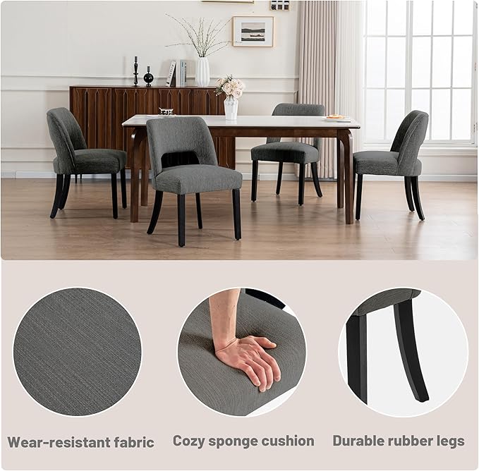 VKNOW Wooden Dining Chairs Set of 4, Modern Fabric Upholstered Dining Room Chair Kitchen Chairs, Farmhouse Dinner Chair for Kitchen Dining Room, Dark Grey-Black Legs