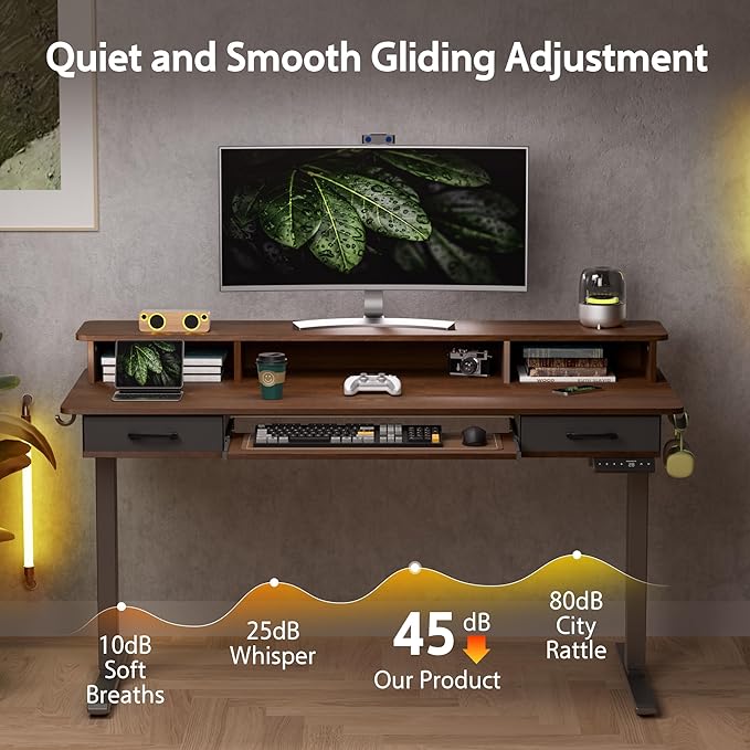 55 Inches Electric Standing Desk with Keyboard Tray, Height Adjustable Sit to Stand Table with 2 Drawers, Ergonomic Home Office Desk with Storage Shelf, Computer Table, Black Walnut