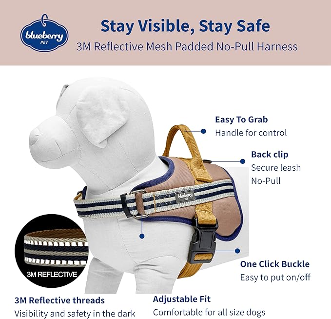Blueberry Pet Soft 3M Reflective Dog Harness Vest | Mesh Padded No-Pull Harness with Back Clips | Multicolor Stripe in Olive and Blue-Gray| Adjustable for Medium Dogs