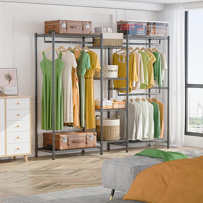 LEHOM G6M Heavy Duty Clothes Rack for Hanging Clothes, Portable Garment Rack Compact Size Closet Organizer, Freestanding Metal Clothing Rack Wardrobe Closet with Storage Shelves for Bedroom(Medium)