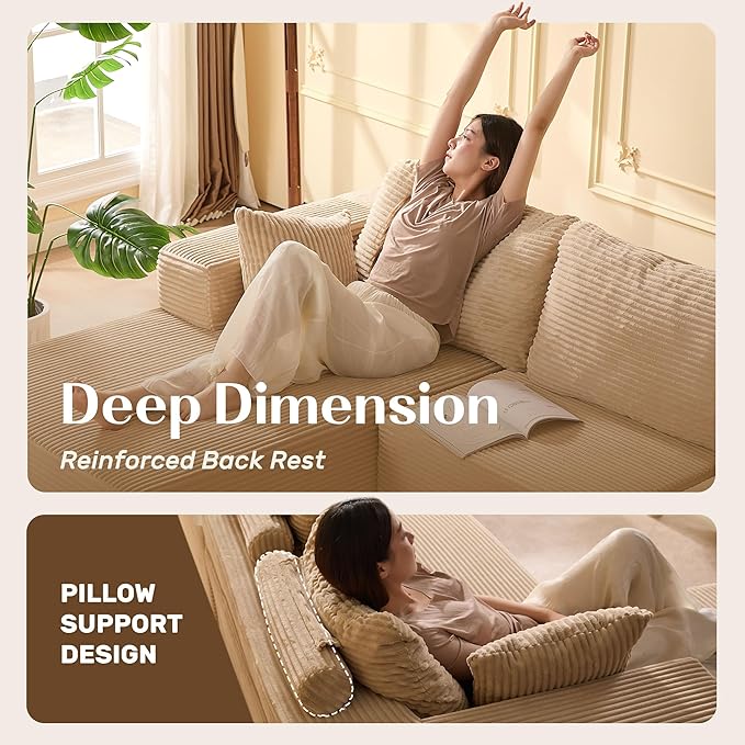 107" Boneless Couch with Deep Seat, Modular Sectional Sofa, Cloud Sectional Couch for Living Room, No Assembly Required, Corduroy, L-Shape Left?Camel