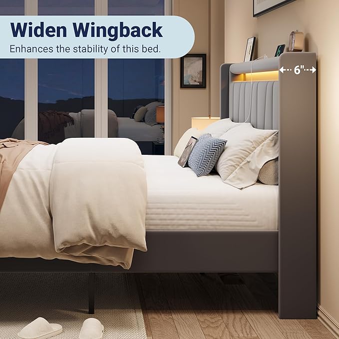 Allewie Queen Size LED Bed Frame with Charging Station, Velvet Upholstered Platform Bed with Geometric Wingback Headboard, Modern Frame with No Box Spring Needed, Easy Assembly, Grey