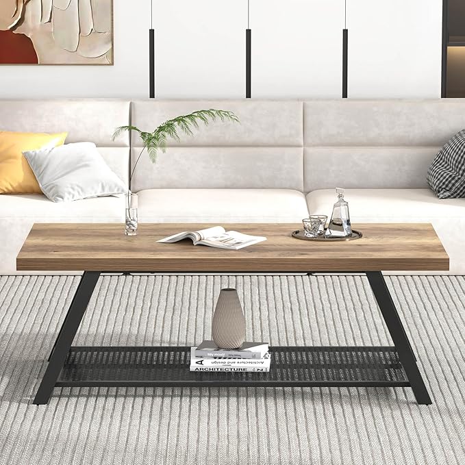 FOLUBAN Coffee Table, Modern Rustic Wood and Metal Center Table with Storage, Industrial Cocktail Tea Table for Living Room, Oak, 47 Inch