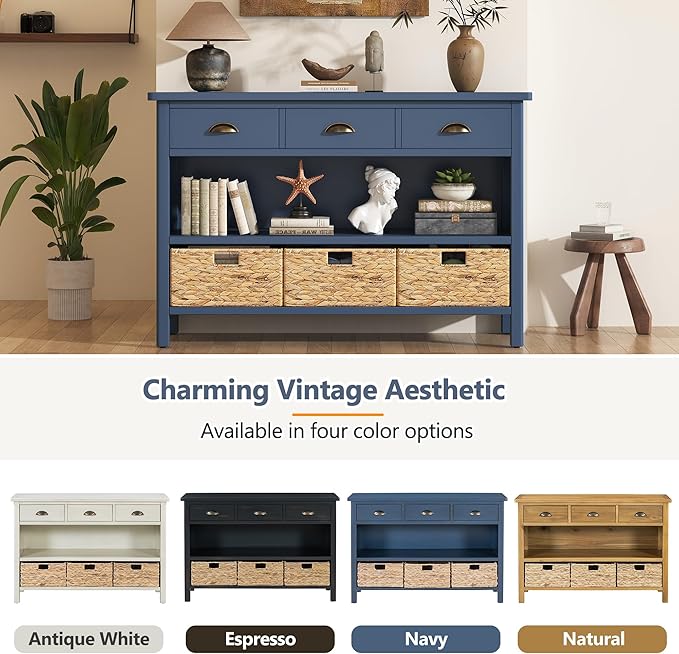 GDFStudio 47" Retro Console Table with 3 Drawers & 3 Water Hyacinth Baskets, Wooden Entryway Buffet Table with Lower Shelf, Vintage Side Board Storage Cabinet for Entryway Hallway Living Room, Navy