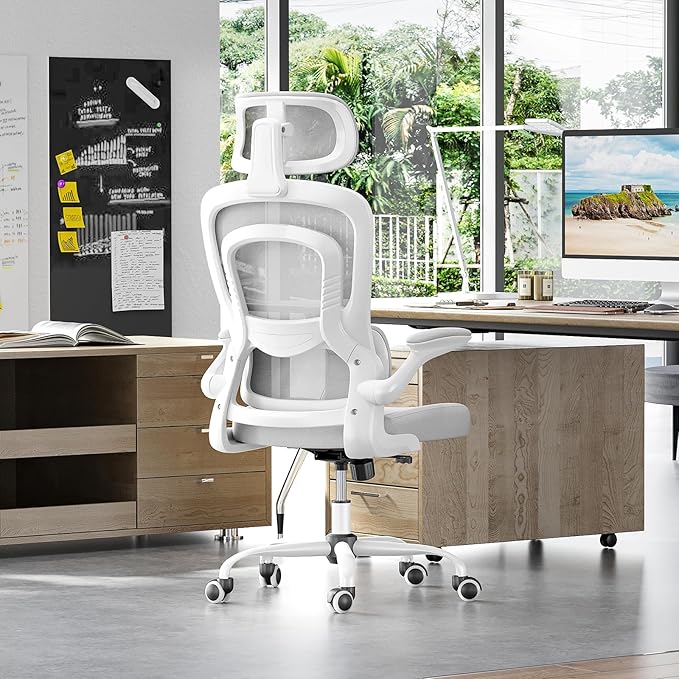 Farini Ergonomic Office Chair, Desk Chair with Headrest and Lumbar Support, High Back Swivel Home Office Chair with Headrest for Home Office Bedroom, Gifts, White & Gray