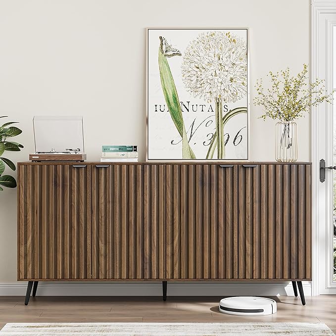 Smuxee 63" Fluted Sideboard Cabinet, Freestanding Walnut Buffet Cabinet with Adjustable Shelf, Wood Storage Cabinet for Living Room, Entryway, Hallway