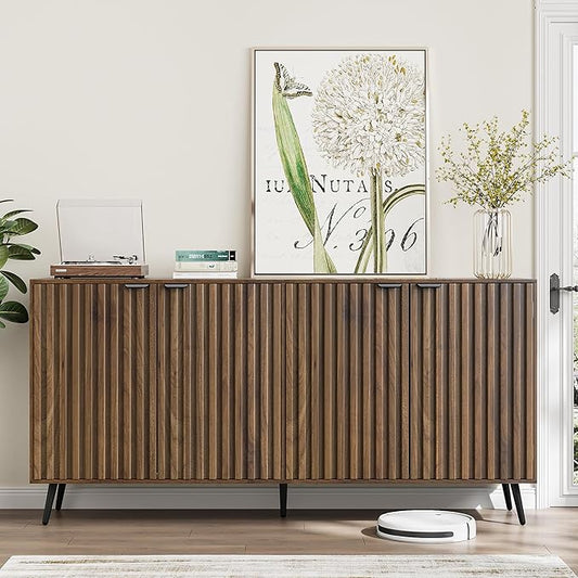 Smuxee 63" Fluted Sideboard Cabinet, Freestanding Walnut Buffet Cabinet with Adjustable Shelf, Wood Storage Cabinet for Living Room, Entryway, Hallway