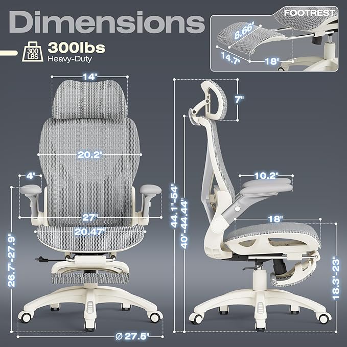 ELABEST X100 Ergonomic Office Chair with Footrest, Big and Tall Home Desk Chair with 5D Flip-Up Arms, Adjustable 3D Lumbar Support,High Back Rolling Computer Chair, Swivel Mesh Chairs (Frosted Dawn)