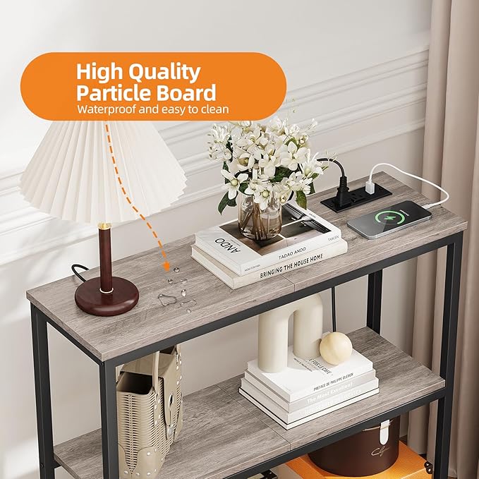 Snughome Console Table with Power Outlets, Entryway Table with Storage, Narrow Sofa Table with 3 Tier Shelves, 2 USB Ports, 2 Power Outlets, Hallway Table for Couch, Living Room, Entrance, Grey