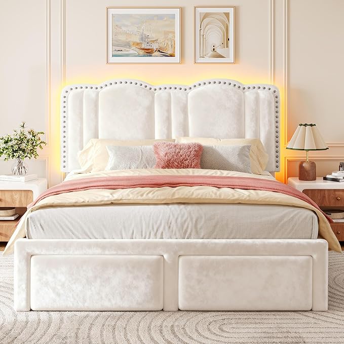 EnHomee Queen Bed Frame with LED, Velvet Upholstered Cloud Headboard and Drawers, Bed Frame Queen Size with Height Adjustable Headboard, Solid Wooden Slats, No Box Spring Needed, Easy Assembly, Cream