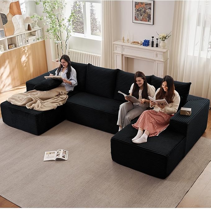Sectional Cloud Couch for Living Room, Stupendous U Shaped Sofas, Modular Floor Deep-Seat Sofa, Big Comfy Corduroy Couches Set with Fluffy Memory Foam, No Assembly Required, Black