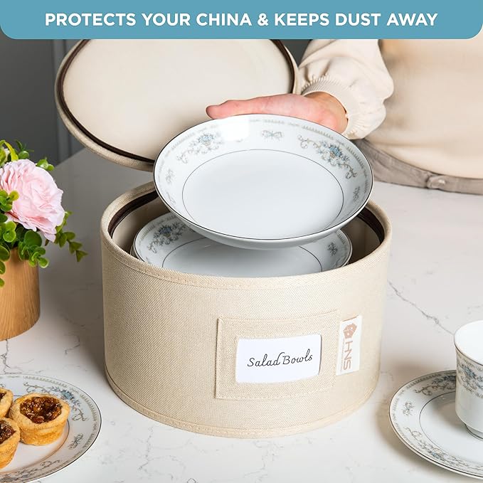 Hard Shell China Storage Containers 12-Piece Set Moving Boxes for Dinnerware, Glasses, Plates, Mugs and Saucers Sturdy Dish Organizer with Dividers for Seasonal Storage - Service for 12 - Beige