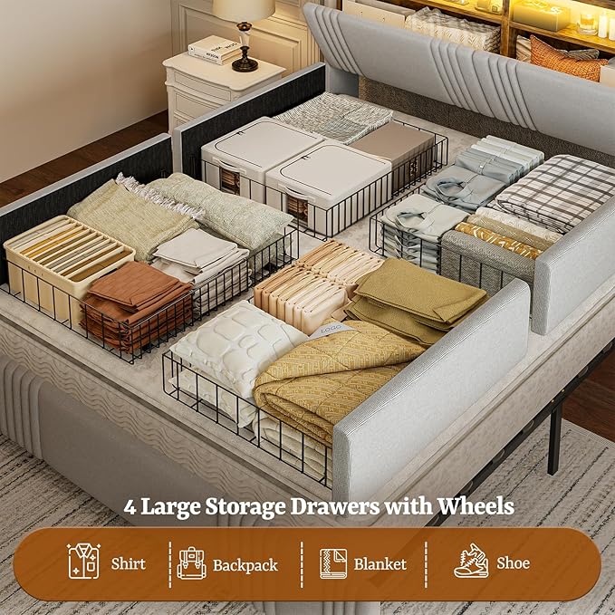 IKIFLY 49.2” Tall California King Bed Frames with 4 Storage Drawers, Upholstered Wingback Hidden Storage Headboard with LED Lights & Charging Station, No Box Spring Needed, Noise Free, Light Grey