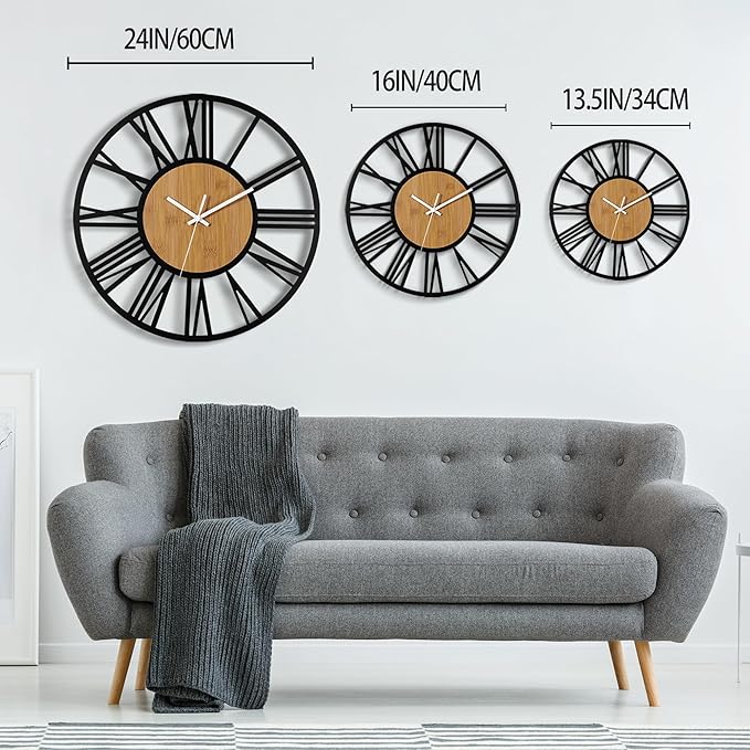 1st owned Wall Clocks for Living Room Decor,16" Vintage,Round Silent Non Ticking,Black Metal,Modern Wood Clocks for Home Bedroom,Kitchen,Garden,Office,Cafe,Modern Wall Decoration -Roman Numerals