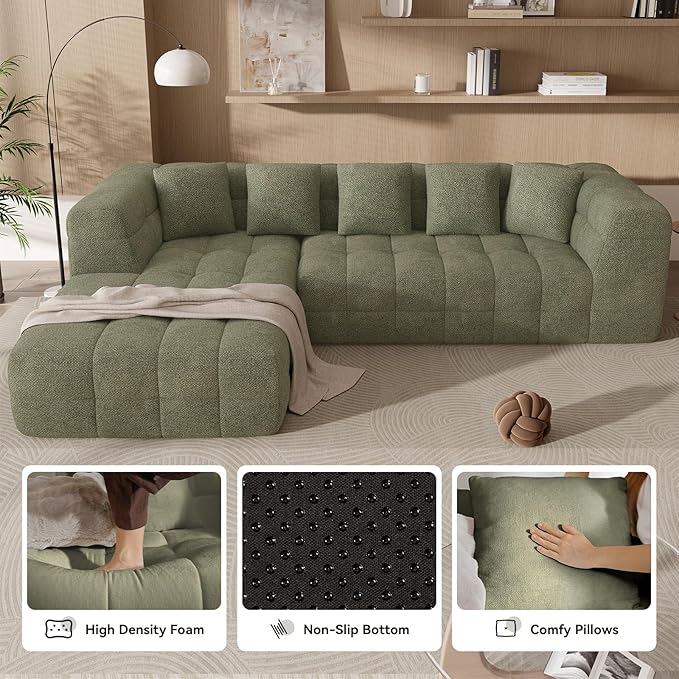 107" Modern Boneless Couch with L - Shaped Chaise, Comfy Chenille Modular Sectional Sofa with Tufted Design, Deep Seat Upholstered Sofa Bed, No - Assembly Sectional Couch, Green