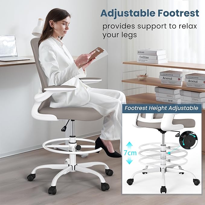 Drafting Chair, Tall Office Chair with Flip-up Armrests Executive Ergonomic Computer Standing Desk Chair, Office Drafting Chair with Lumbar Support and Adjustable Footrest Ring