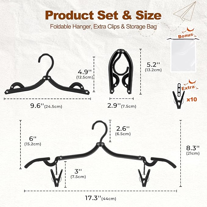 HOUSE DAY Foldable Travel Hangers 20 Pack w/10 Clips, Cruise Essentials 2025, Portable Hangers Collapsible Hanger Plastic, Travel Must Haves for Suitcase, Hotel, RV, Road Trip, Flying, Camping-Black