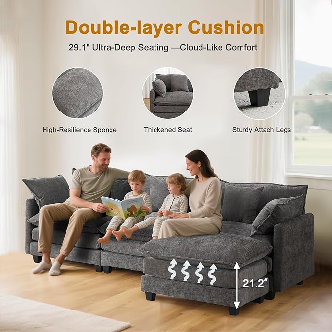 111.4" Cloud L Shaped Sectional Couch with Ottoman｜Modular Chenille Sofa with 29.1" Deep Seat｜FSC Solid Wood Frame｜Easy Assembly & 1YR Guarantee｜for Living Room Bedroom Apartment，Grey