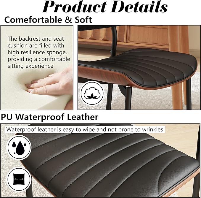 Modern PU Leather Dining Room Chairs Set of 2, Upholstered Kitchen Chairs with Walnut Bentwood Back and Metal Legs Adjustable Feet for Kitchen Dining Room(Balck)