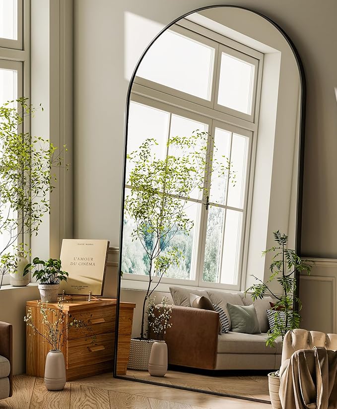 GLSLAND-34x76 inch Wall Mount Arched Full Length Mirror-Aluminum Alloy Frame High Definition-Full Body Mirror for Bedroom or Living Room,Black