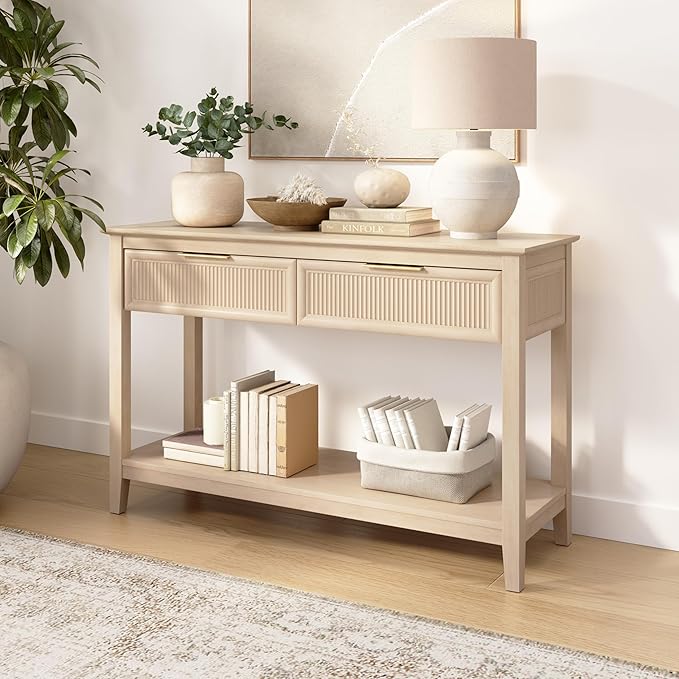 Bush Home Fluted Console Table with Drawers, Living Room Furniture, Camille Collection, Natural Birch Beige