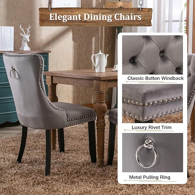 Goujxcy 78.7" Farmhouse Extendable Dining Room Table Set for 6, 7-Piece Rectangle Kitchen Dining Room Table Set with Wood Base and 6 Grey Velvet Dining Chairs, Extending Kitchen & Dining Table Set