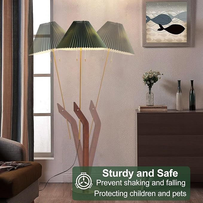 Floor Lamps for Living Room,Mid Century Modern Wood Floor Lamp,Height Adjustable Study Room,Bedroom,Office Vintage Tall Standing Glod Floor Lamp,Green Pleated Lampshade