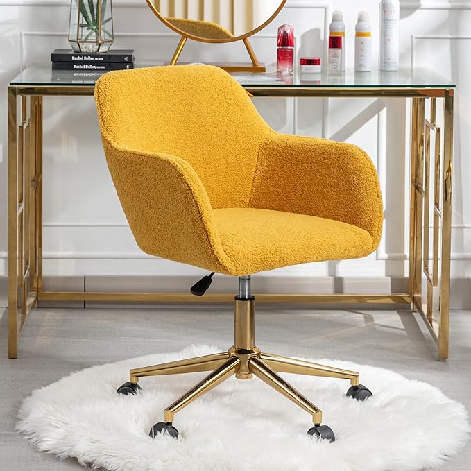 Goujxcy Fluffy Desk Chair, Faux Fur Vanity Chair Swivel Office Chair for Girls Women, Height Adjustable Cute Teddy Furry Makeup Chairs for Bedroom Home Office