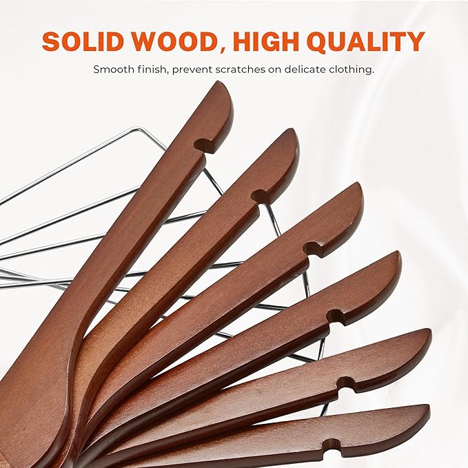 HOUSE DAY Wooden Hangers with Clips 12 Pack, Heavy Duty Walnut Wood Pants Hanger, Premium Skirt Hanger with Adjustable Clips, Solid Clip Hangers for Suit, Blouse, Dress, Coat, Jacket, Bottom