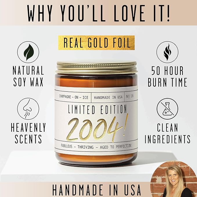 Soy and Sass 21st Birthday Jar Candle - 'Limited Edition 2004' Champagne on Ice Scent, 9oz Reusable Jar, 50Hr Burn, Made in USA