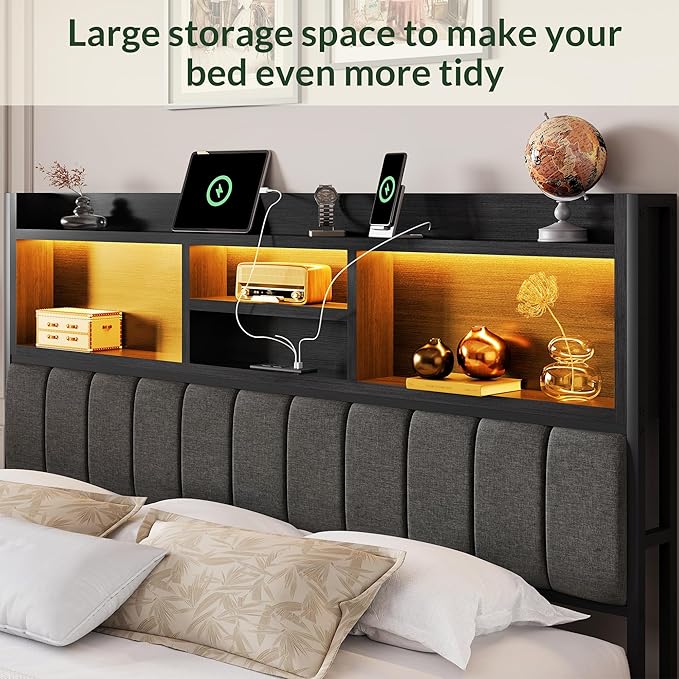 LARMACE King Bed Frame with 6 Storage Drawers, Bed Frame King Size with Linen Upholstered Headboard, Built in Charging Station and LED, No Noise, Metal Support, No Box Spring Needed,Vintage Black