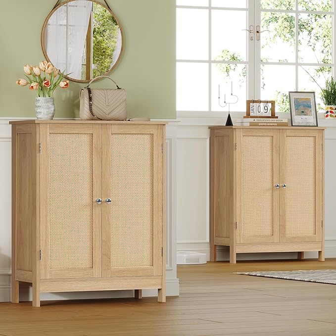 Iwell Storage Cabinet, Rattan Cabinet with Adjustable Shelf, for Living Room, Entryway, Kitchen, Home Office, Nature