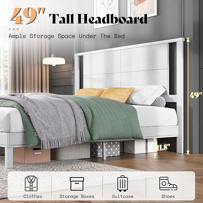 AMERLIFE Solid Wood King Size Bed Frame with Headboard, Mid Century Modern Style Platform Bed with Under-Bed Storage, No Box Spring Needed, Noise Free, Easy Assembly, Antique White