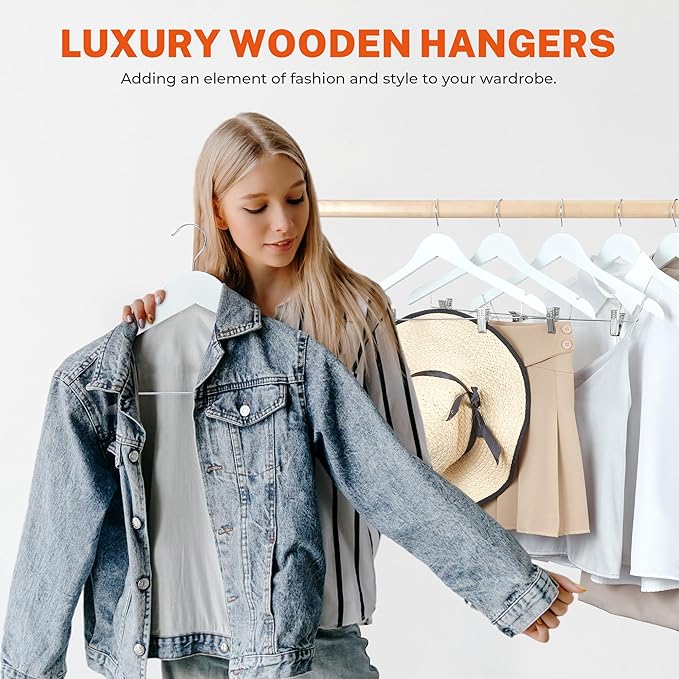 HOUSE DAY Wooden Hangers with Clips 24 Pack, Heavy Duty White Wood Pants Hanger, Premium Skirt Hanger with Adjustable Clips, Solid Clip Hangers for Suit, Blouse, Dress, Coat, Jacket, Bottom