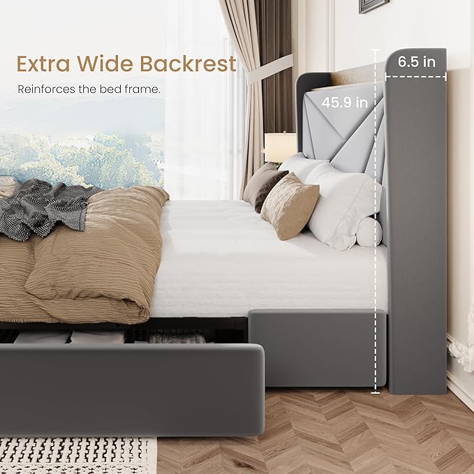 SHA CERLIN Queen Bed Frame with 3 Drawers, USB & Type-C Charging Ports, Velvet Upholstered Platform Bed with Modern Geometric Wingback Storage Headboard, No Box Spring Needed, Easy Assembly, Grey