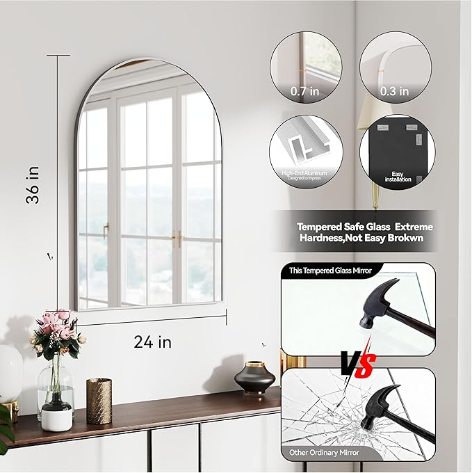 24x36 Arch Mirror Square Full Length Wall Mounted Hanging or Against Wall Metal Aluminum Alloy Frame Dressing Make-up Mirrors for Entryway Bedroom Bathroom Living Room 24 36 inch Silver