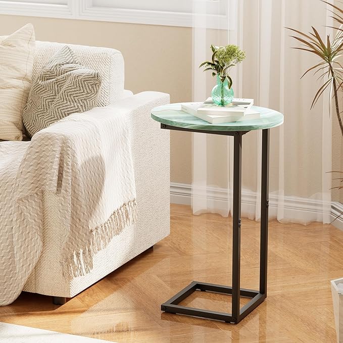 C Shaped End Side Table, Small Oval Couch Sofa Table for Bed, Snack Side Table with Metal Frame, TV Tray Table with White Marble for Small Space, Living Room, Bedroom, Bedside(Sea Blue)