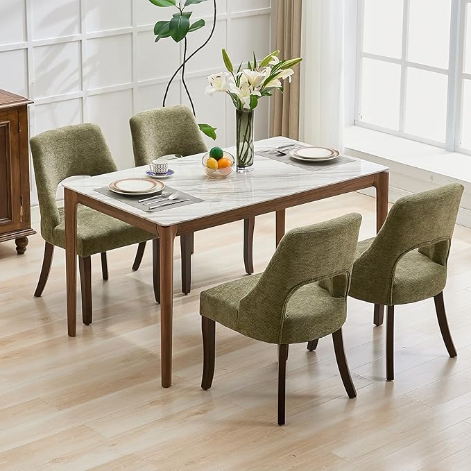 UVV Wooden Dining Chairs Set of 2, Mid Century Modern Chenille Upholstered Dining Room Chair Kitchen Chairs, Farmhouse Dinner Chair with Solid Wood Legs for Kitchen Dining Room, Green