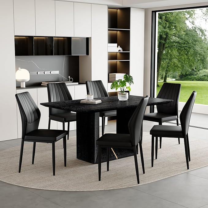 63" Modern Black Dining Table Set for 6 with Chairs, 7 Piece Rectangular Dining Room Table and 6 PU Leather Chairs, Kitchen Dining Set with Matte Wood Finish, Geometric Base, Easy Assembly
