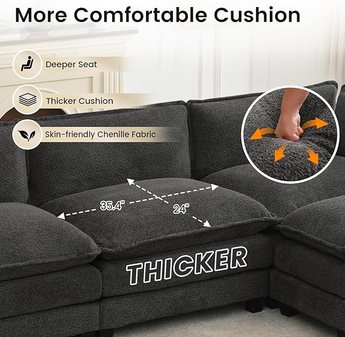 ROWHY Oversized Modular Sectional Couch with 2 Movable Ottoman, 148" Modern Convertible U Shaped Sofa Set, 4 Seat Comfy Cloud Couch with 2 Throw Pillows, for Living Room, Chenille, Charcoal Grey