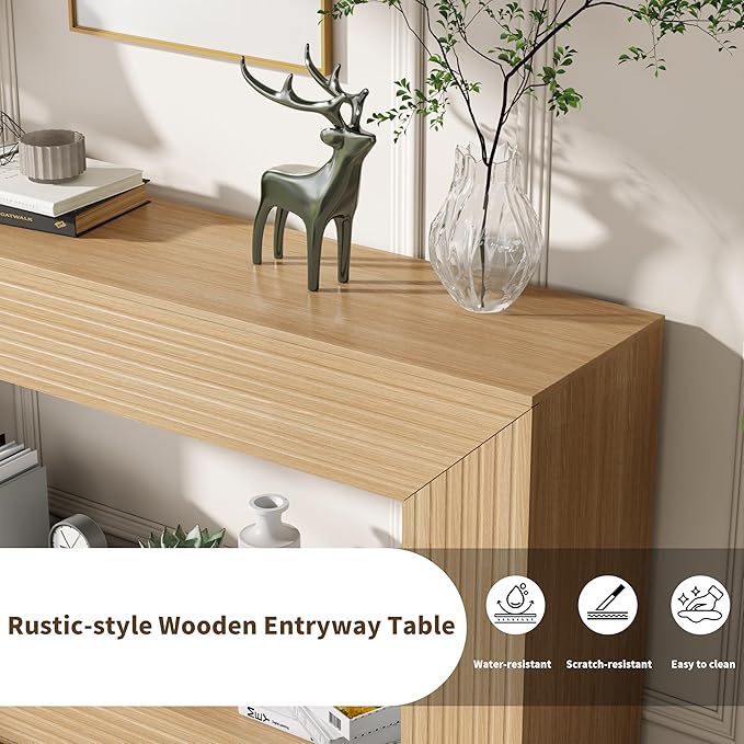 55" Console Table, 2-Tier Farmhouse Sofa Table with Storage Behind Couch, Narrow Rectangular Entryway Table for Living Room, Hallway, Entrance, Foyer, Natural