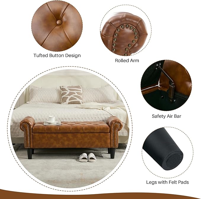 Queen End of Bed Bench with Storage, Faux Leather Tufted Button Upholstered Ottoman, Window Bench for Living Room, Entryway - Brown