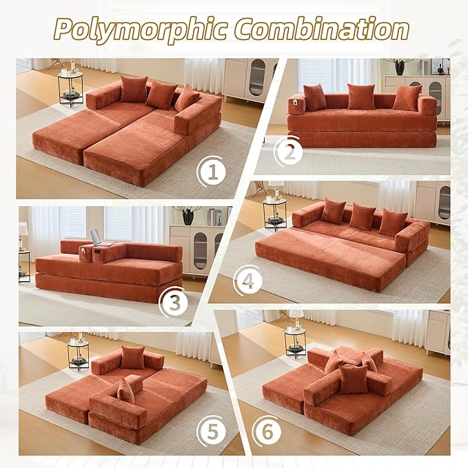 Convertible Floor Sofa Bed with Storage Pocket, Chenille Folding Mattress Sofa with Zipper Closure, Floor Lounge Couch for Living Room, Bedroom, Studio -Burnt Orange
