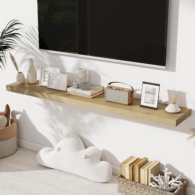 Fun Memories 55 Inch Long Floating Shelves for Wall, 8" Deep Floating Shelves for Bathroom Living Room Bedroom, Rustic Wall Mounted Shelf with Invisible Heavy-Duty Bracket, Set of 2, Oak