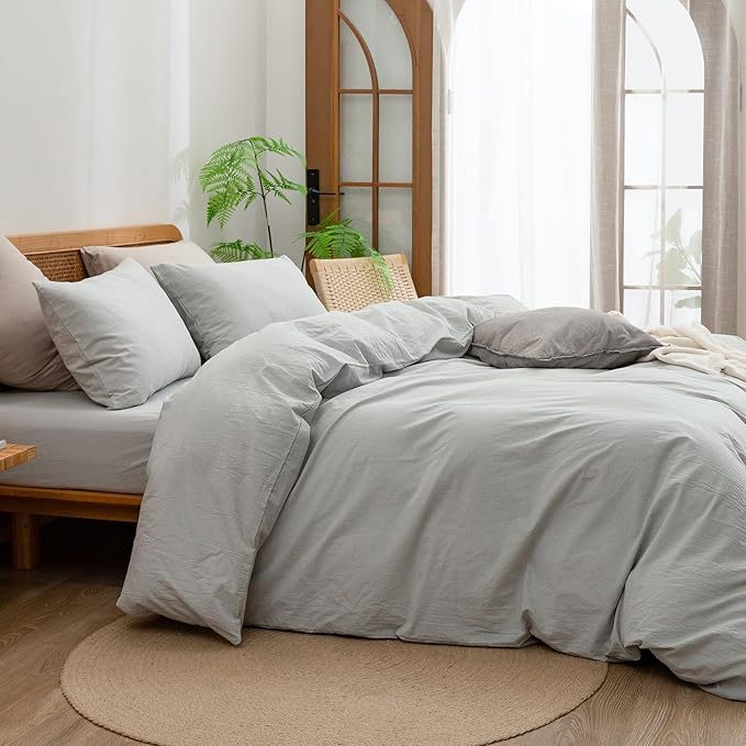 BESTOUCH Duvet Cover Set 100% Washed Cotton Linen Feel Super Soft Comfortable Chic Lightweight 3 PCs Home Bedding Set Solid Northern Droplet Grey King