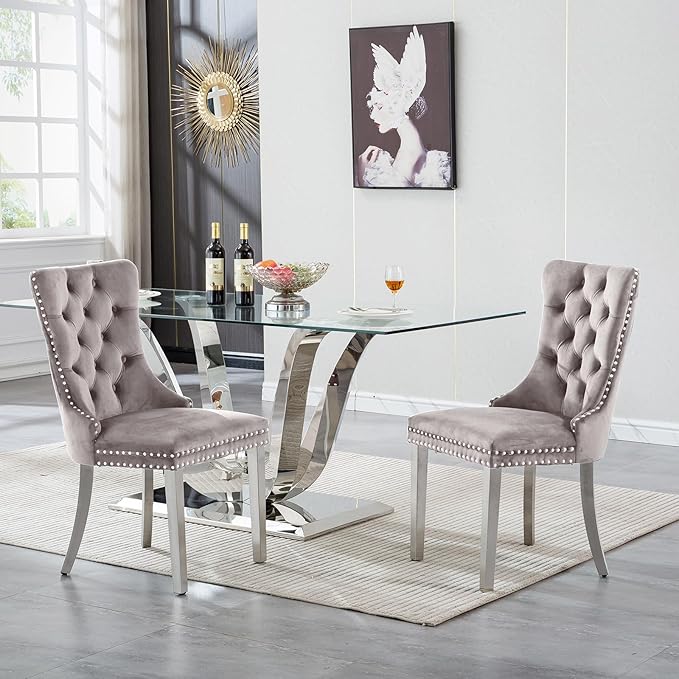 70" Modern Silver Glass Dining Table Set for 6, 7-Piece Rectangle Kitchen Dining Room Table Set with Steel Base & 6 Grey Velvet Upholstered Chairs, Modern Glass Kitchen Table and Chairs Set of 6