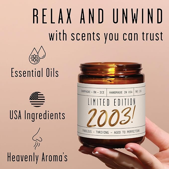 22nd Birthday Gifts for Women - 'Limited Edition 2003' Soy Candle, w/Champagne on Ice I 22 Birthday Gifts for Women I 22rd Gift for Her Ideas I 9oz Reusable Jar, 50Hr Burn, Made in USA