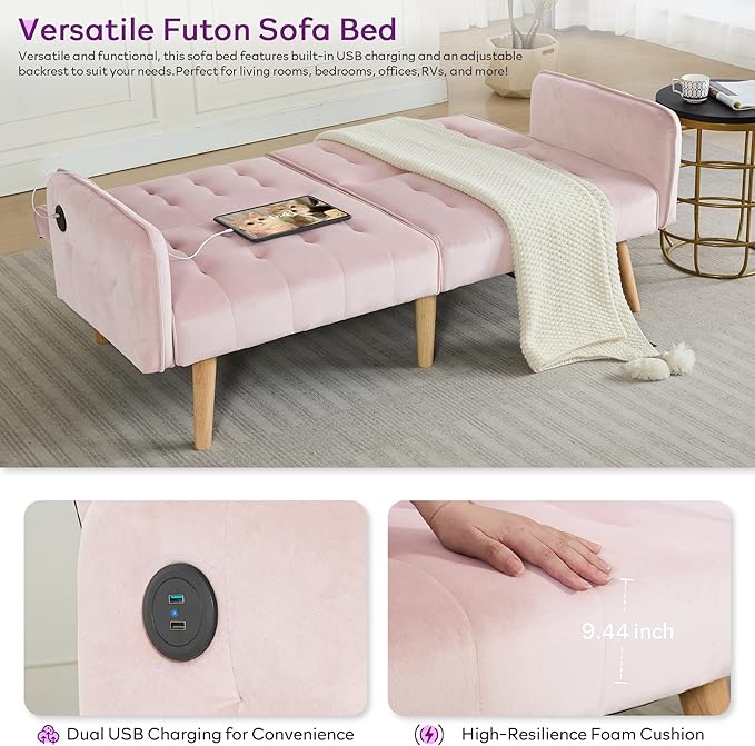TYBOATLE 65" W Velvet Modern Convertible Folding Futon Couch Sofa Bed w/ 2 USB Charging Ports and arms, Loveseat for Compact Living Space, Dorm, Game Studio, Bonus Room, Apartment, Bedroom (Pink)