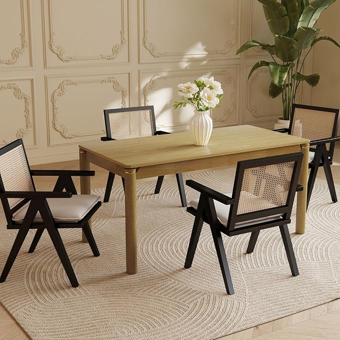 63" Dining Table for 4-6 People, Modern Farmhouse Rectangular Kitchen Table with Solid Wood Legs & Gold Trim, Large Long Dining Room Table for Living Room, Natural (Table Only)