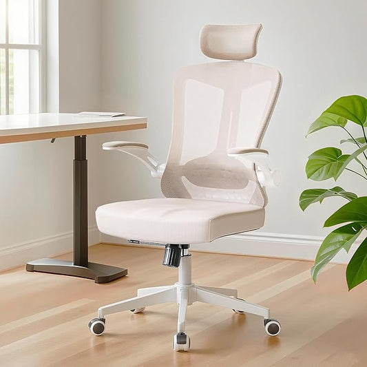 Ergonomic Office Chair - 400LB Comfy Desk Chairs with Adjustable Headrest and Lumbar Back Support, Mesh Computer Chairs with Wheels and Arms for Home Office, Study, Bedroom and Dorm (04khaki)